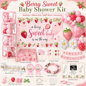 Peut inclure: Un kit de f&ecirc;te pr&eacute;natale sur le th&egrave;me de la fraise. Le kit comprend une toile de fond, une arche de ballons, des bo&icirc;tes et des accessoires. Le texte "Berry Sweet Baby Shower Kit" est en haut. Les mots "a berry sweet baby is on the way" sont au centre. Le kit comprend une nappe, un cake topper, des d&eacute;corations de cupcakes et une banni&egrave;re.