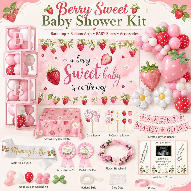 Peut inclure: Un kit de f&ecirc;te pr&eacute;natale sur le th&egrave;me de la fraise. Le kit comprend une toile de fond, une arche de ballons, des bo&icirc;tes et des accessoires. Le texte "Berry Sweet Baby Shower Kit" est en haut. Les mots "a berry sweet baby is on the way" sont au centre. Le kit comprend une nappe, un cake topper, des d&eacute;corations de cupcakes et une banni&egrave;re.