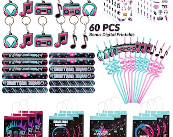 Music Party Favor Set, Stickers, Wristband, Keychain, Straw, Treat Bag