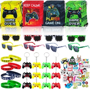 May include: A collection of gaming-themed accessories, including drawstring bags, pixelated sunglasses, keychains, stickers, and wristbands. The bags feature controller graphics and the words "Game Over" and "Player Game On!". The sunglasses come in various colors.