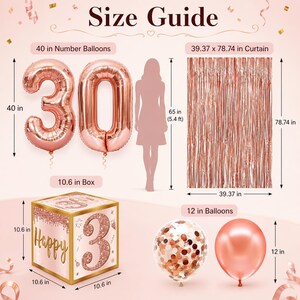 May include: A size guide for a 30th birthday party decoration set. Includes rose gold number balloons (40 in), a curtain (39.37 x 78.74 in), a box (10.6 in), and two balloons (12 in). The box says "Happy 3".