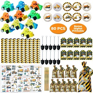 80 Pcs Construction Party Favors  for Kids - 10 set of Treat Bags, Thank you Tag, Slap Bracelets, Mini Shovel, Truck, Button Pins, Tattoos