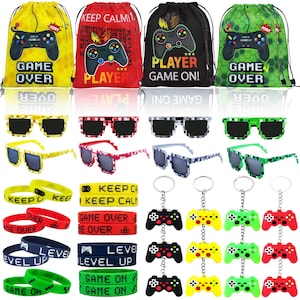 May include: A collection of gaming-themed party favors including four drawstring bags with controller graphics, sixteen pixelated sunglasses in various colors, sixteen silicone wristbands with text like GAME OVER and LEVEL UP, and twelve game controller keychains.