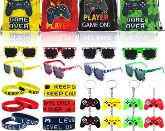 Gamer Party Favors Set: Drawstring Bags, Pixel Glasses, Keychains & Stickers
