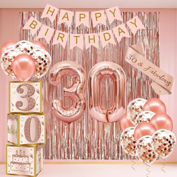 Rose Gold 30th Birthday Decorations for Women – Balloon Set, Happy Birthday Banner, Sash, Fringe Curtain, 30 Party Kit for Her