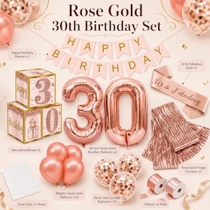 May include: A rose gold 30th birthday party set. Includes a banner, decorative boxes, number balloons, metallic balloons, confetti balloons, a sash, fringe curtains, glue dots, and ribbon. The set is designed for a 30th birthday celebration.