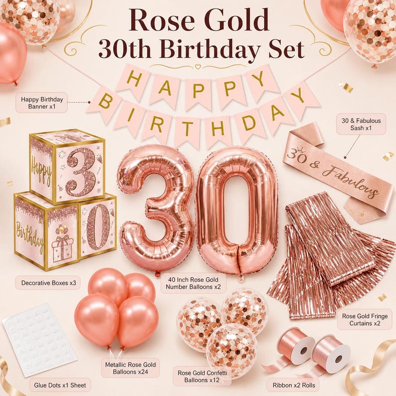 May include: A rose gold 30th birthday party set. Includes a banner, decorative boxes, number balloons, metallic balloons, confetti balloons, a sash, fringe curtains, glue dots, and ribbon. The set is designed for a 30th birthday celebration.