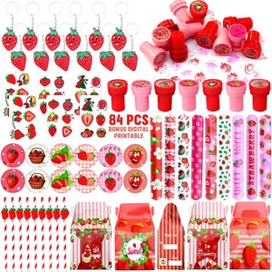 Strawberry Party Favor Set (84 PCS) - Treat Boxes, Stickers, Keychains