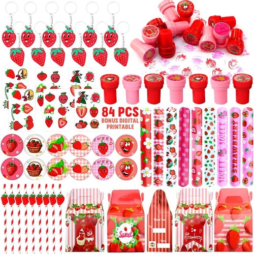 Coffret cadeau fraises (84 PCS) - Boîtes de friandises, autocollants, porte-clés