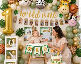 Décorations d'anniversaire sur le thème de la jungle, décorations pour le 1er anniversaire d'un garçon ou d'une fille, banderole pour chaise haute, boîte, guirlande de ballons, fête safari sur le thème de la jungle