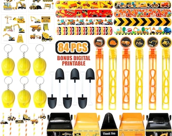 May include: Construction party favor set with 84 pieces, including construction vehicle stickers, construction themed favor boxes, construction worker hats, shovels, and bubble wands. The set also includes printable digital files.