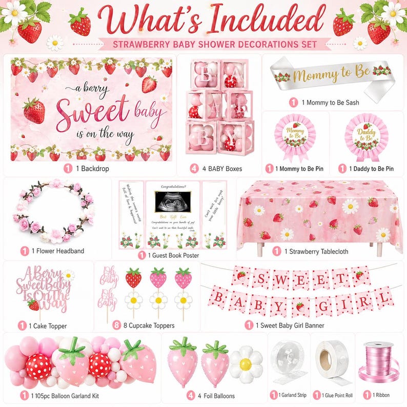Peut inclure: Ensemble de d&eacute;corations de baby shower sur le th&egrave;me de la fraise. Comprend une toile de fond, des bo&icirc;tes, un ruban, des &eacute;pingles, un serre-t&ecirc;te, un livre d'or, une nappe, un cake topper, des d&eacute;corations de cupcakes, une banni&egrave;re, une guirlande de ballons, des ballons en aluminium, une bande de guirlande, un rouleau de points de colle et un ruban.