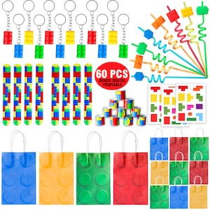 60 Pcs Building Blocks Party Favors For Kids, Brick Style Keychain Wristband Treat Bag Straws Stickers for Blocks Birthday Party Supplies