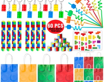 60 Pcs Building Blocks Party Favors For Kids, Brick Style Keychain Wristband Treat Bag Straws Stickers for Blocks Birthday Party Supplies