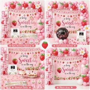 Peut inclure: D&eacute;coration de f&ecirc;te pr&eacute;natale et de r&eacute;v&eacute;lation du sexe avec des ballons roses et blancs, des d&eacute;corations de fraises et des banni&egrave;res indiquant "Sweet baby is on the way". Le th&egrave;me comprend une table &agrave; desserts et un espace photo.