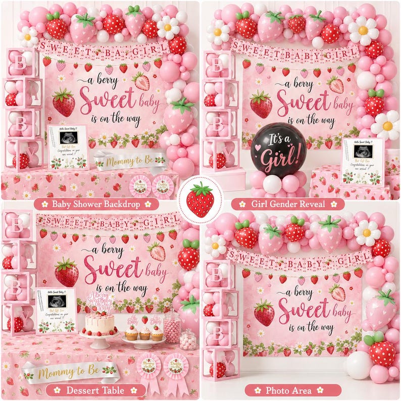 Peut inclure: D&eacute;coration de f&ecirc;te pr&eacute;natale et de r&eacute;v&eacute;lation du sexe avec des ballons roses et blancs, des d&eacute;corations de fraises et des banni&egrave;res indiquant "Sweet baby is on the way". Le th&egrave;me comprend une table &agrave; desserts et un espace photo.