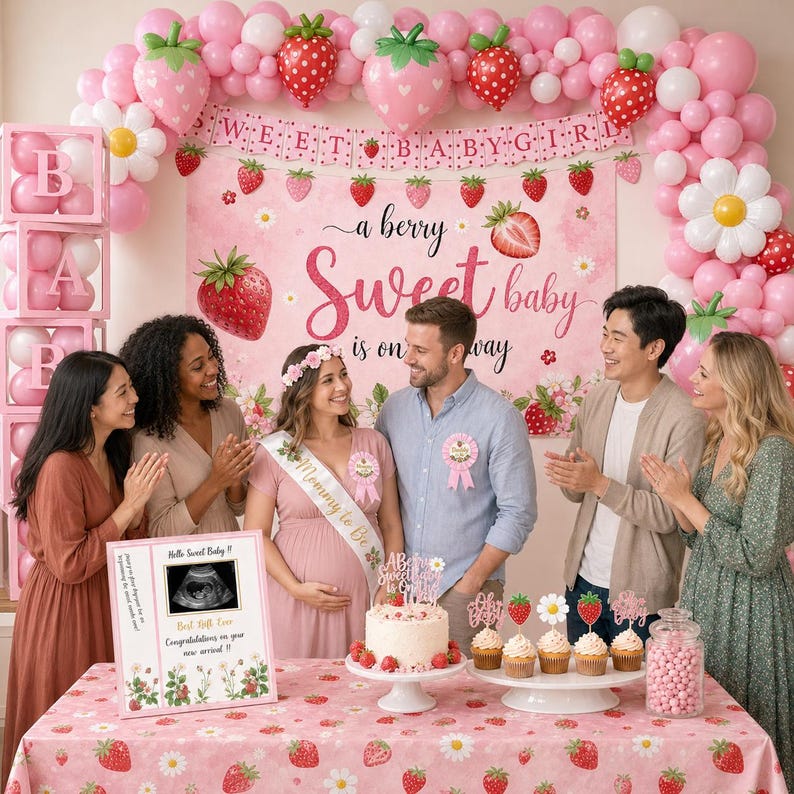 Peut inclure: Sc&egrave;ne de baby shower sur le th&egrave;me de la fraise rose. Une banni&egrave;re indique "Sweet Baby Girl". Une femme enceinte porte une &eacute;charpe avec l'inscription "Mommy to Be". Un g&acirc;teau, des cupcakes et une &eacute;chographie encadr&eacute;e sont sur une table. Ballons et d&eacute;corations compl&egrave;tent le cadre festif.