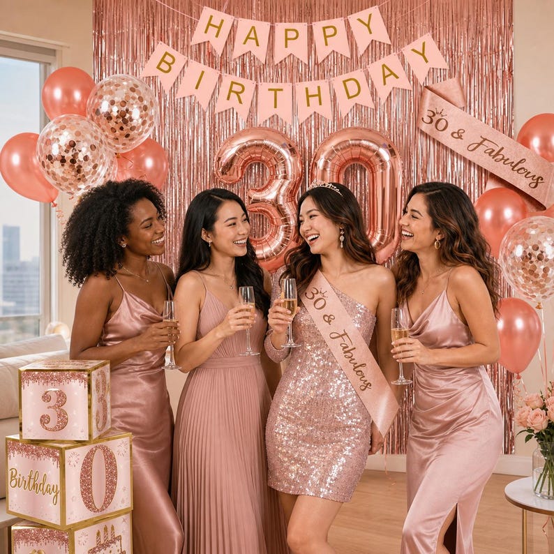May include: Four women in rose-colored dresses celebrate a birthday. The scene includes balloons, a banner that says "Happy Birthday", and large number balloons. One woman wears a sash that says "30 & Fabulous".