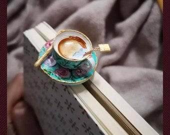 Bookmark - Tea bookmark in floral cup and saucer in turquoise and golden spoon /tea cup bookmark / tea bag /3D Bookmark