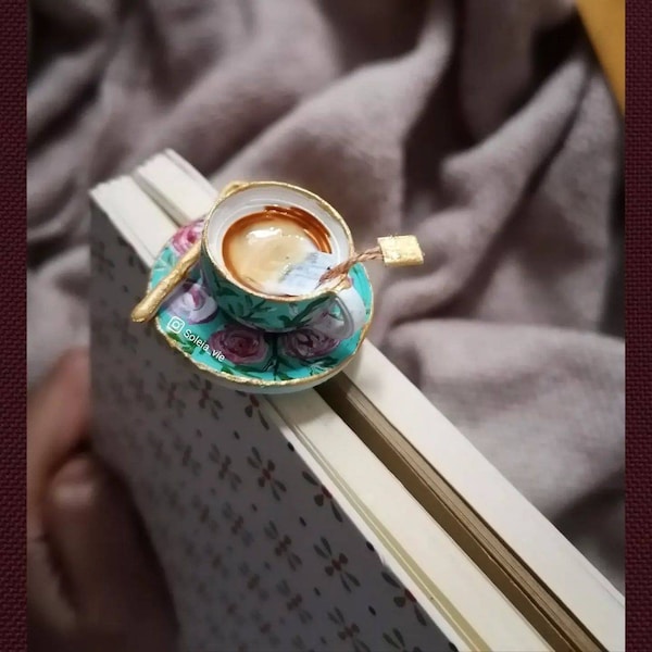 Bookmark - Tea bookmark in floral cup and saucer in turquoise and golden spoon /tea cup bookmark / tea bag /3D Bookmark