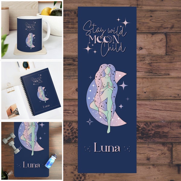 Stay wild moon child custom yoga mat personalized with your name comes with carry strap and free yoga journal download