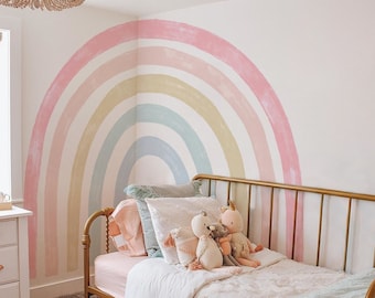 Large Rainbow Wall Decal, Pastel Watercolor Nursery Wall Sticker, Neutral Boho, Peel and Stick, Kids Bedroom Headboard Decoration