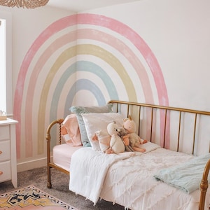 Large Rainbow Wall Decal, Pastel Watercolor Nursery Wall Sticker, Neutral Boho, Peel and Stick, Kids Bedroom Headboard Decoration