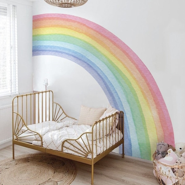 Half Large Rainbow Wall Decal, Watercolor Pastal Arch Wall Sticker, Peel and Stick Nursery, Baby Girl Bedroom Corner Decoration