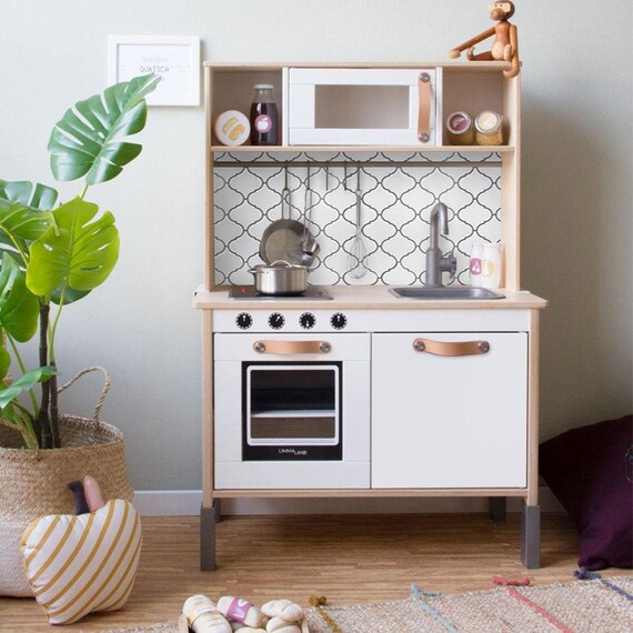 Ikea Play Kitchen Backsplash Decal FUNLIFE Peel and Stick 3D Design White Checkered Plaid for DUKTIG Self-adhesive Removable