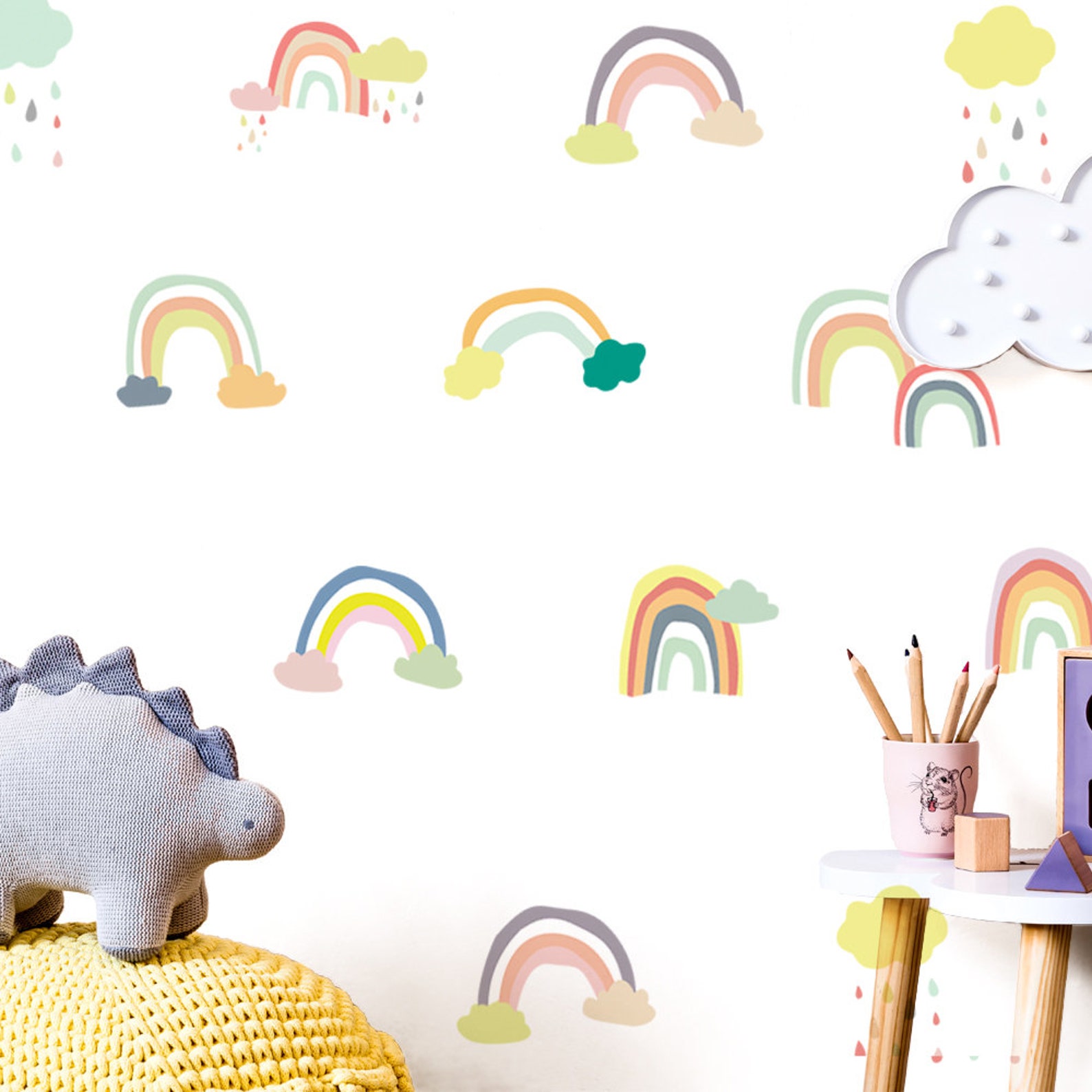 Large Rainbow Wall Decal Hand Drawn Boho Rainbow with Clouds Etsy