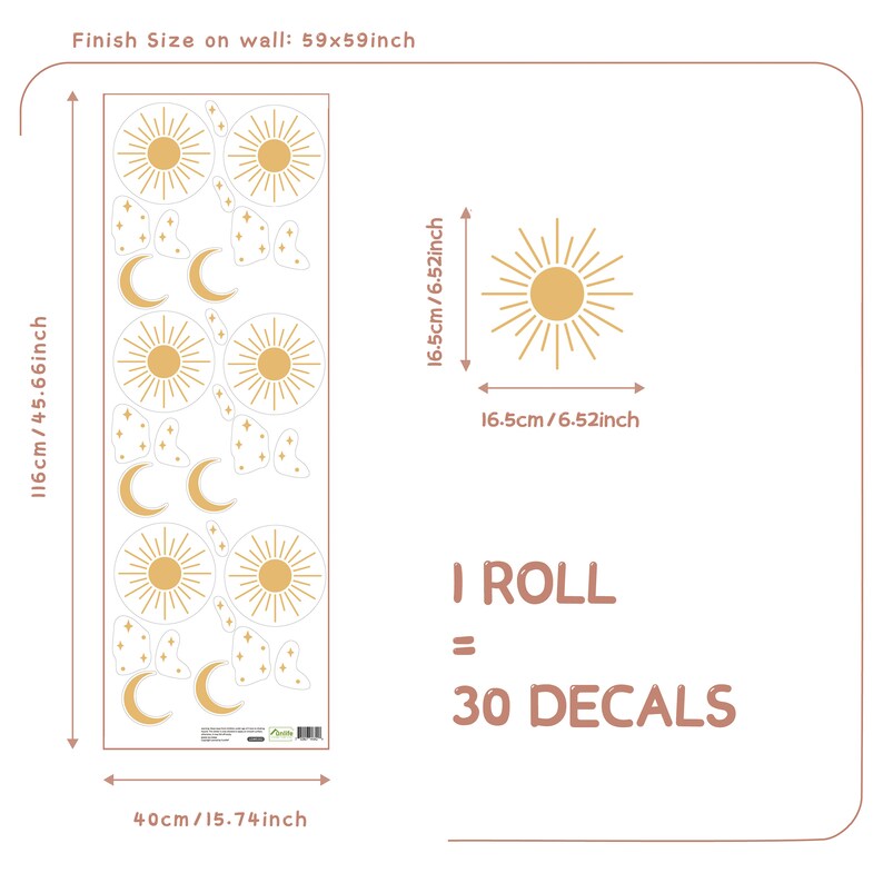 Boho Sun Wall Decal, Autocollant mural Peel and Stick Moon du milieu du siècle, Peel and Stick, Décoration terrestre pour chambre de bébé VIE AMUSANTE M: 6.52 x 6.52 pouces