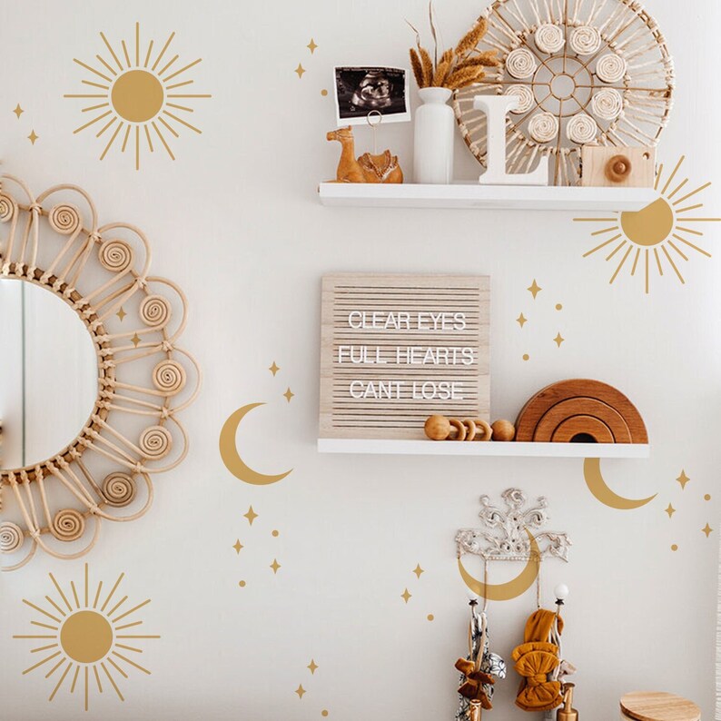 Boho Sun Wall Decal, Autocollant mural Peel and Stick Moon du milieu du siècle, Peel and Stick, Décoration terrestre pour chambre de bébé VIE AMUSANTE image 1