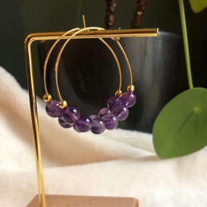 Natural Amethyst gemstone hoop earrings.