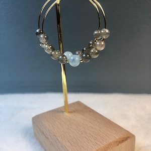 Creole earring in natural stones of LABRADORITE and semi precious Aquamarine