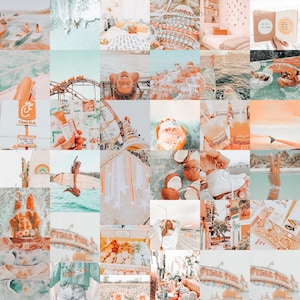 May include: A collage of images featuring a variety of summer-themed scenes, including a roller coaster, a beach, a pool, and a lemonade stand. The images are in a variety of colors, including pink, orange, and blue.