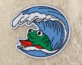 Frog surf Iron on patch, Patches, Frog patches iron on ,Embroidered Patch Iron, Patches For Jacket ,Logo Back Patch,