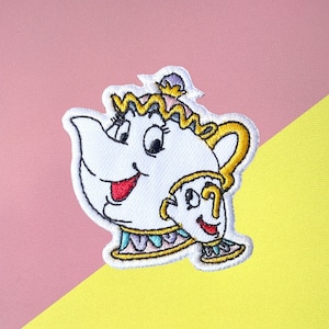 Mrs. Potts en Chip ijzer op patch, schoonheid Patches, Cartoon Patches ijzer op, Geborduurde Patch Iron, Patches Voor Jas, Logo Back Patch,
