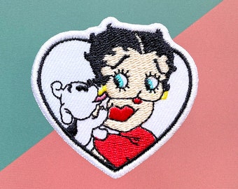 Betty Boop & Dog Embroidered Iron-On Patch, Cartoon Applique