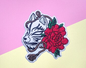 Japanese Kitsune Fox Mask Embroidered Iron-On Patch (2.5"x 2.5")