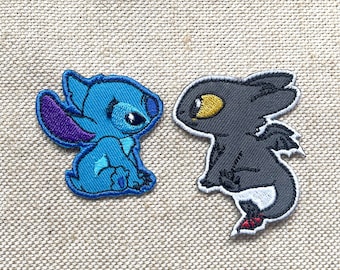 Stitch & Toothless Embroidered Iron-On Patch: Cartoon Applique