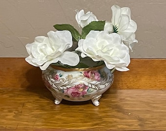 Vintage Porcelain Footed Bowl, Pink Roses Gold Gilt, Victorian Style Decorative Dish, Small Floral Bowl, Vanity Dish Cottage Decor