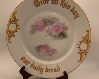 Vintage Give Us This Day Plate, Religious Wall Decor, Floral Rose Porcelain Plate, Inspirational Scripture Dish, Cottage Decor