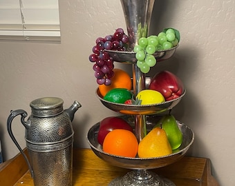 Vintage Three-Tier Silver Plate Serving Stand | India Fruit Display | Buffet Centerpiece | Wedding Dessert Stand | Beaded Rim Pedestal