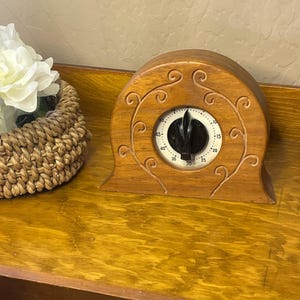 Vintage Wooden Kitchen Timer | Carved Wood Mechanical Timer | Cottage Country Kitchen Decor