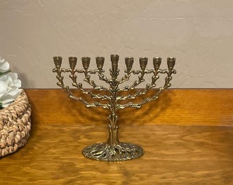 Vintage Brass Menorah Jerusalem Tree of Life