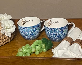 Lilly Pulitzer Tropical Floral Ceramic Mugs Set of 2 Gold Handle Coffee Cups