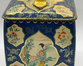 Vintage Tin Tea Caddy: Blue Chinoiserie Geisha Scene Decorative Storage Box