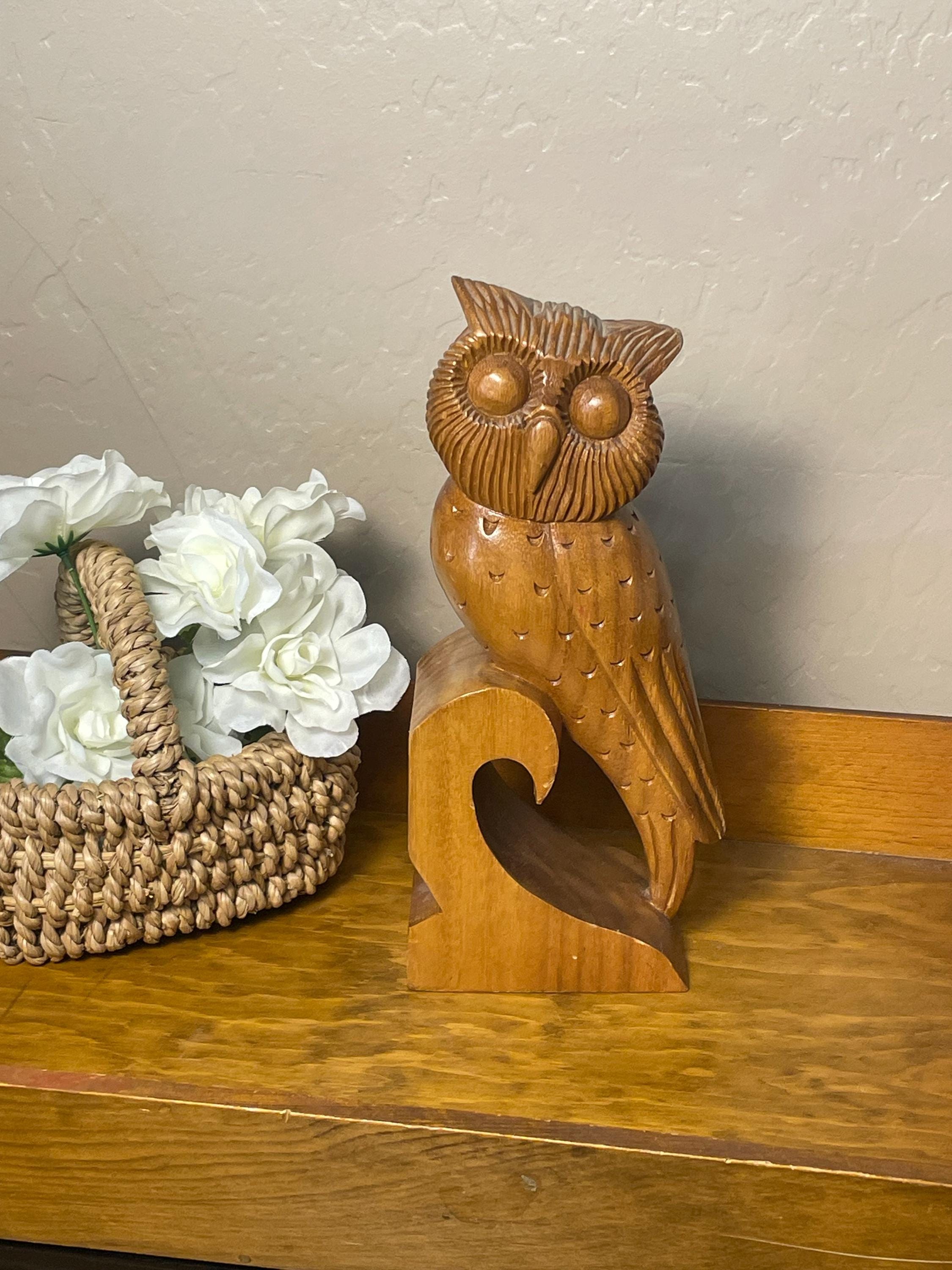 Hand Carved Monkey Pod Wood Owl Sculpture, Mid Century Boho Decor