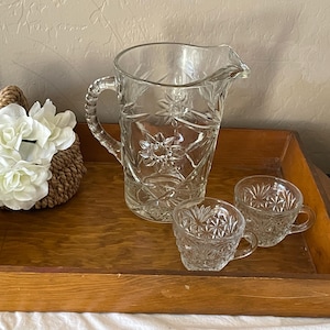 Vintage Glass Pitcher Starburst Pattern Clear Pressed Glass Water Juice Pitcher Farmhouse Cottage Decor