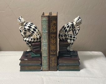 Harlequin Jester Bookends Set | Black Ivory Diamond Pattern | Library Decor